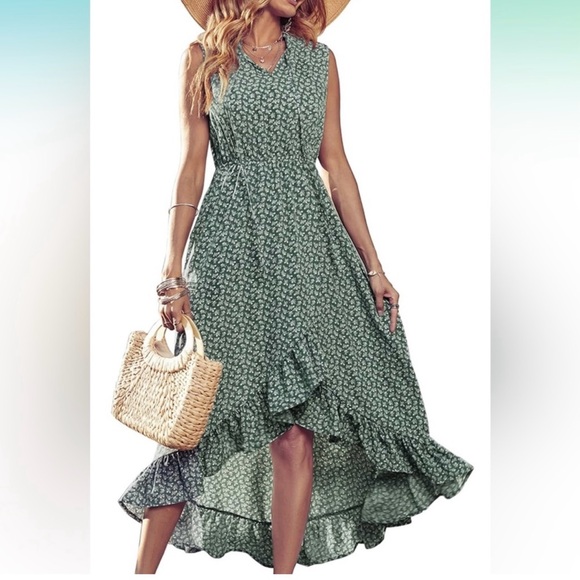 Chic Green Floral High Low Dress sz large - Picture 2 of 8